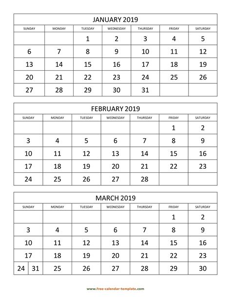 Three Month Calendar Printable